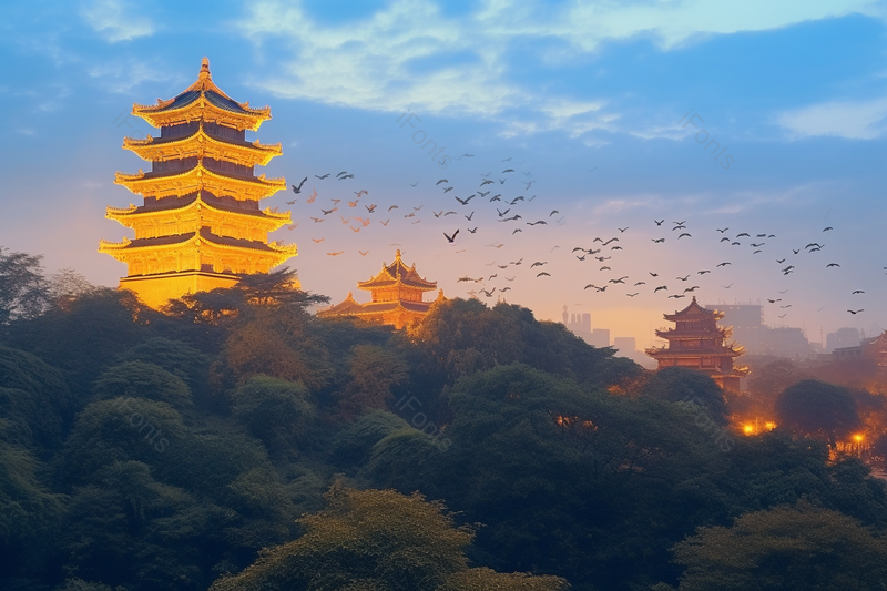 蓝天白云下黄色城市建筑飞鸟,高清,摄影图,摄影图片,图片大全,摄影图免费下载